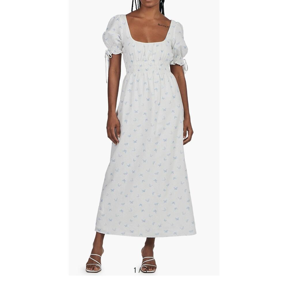 CHARLIE HOLIDAY Isabella Midi Dress In Lady Butterfly 6 Cotton Linen